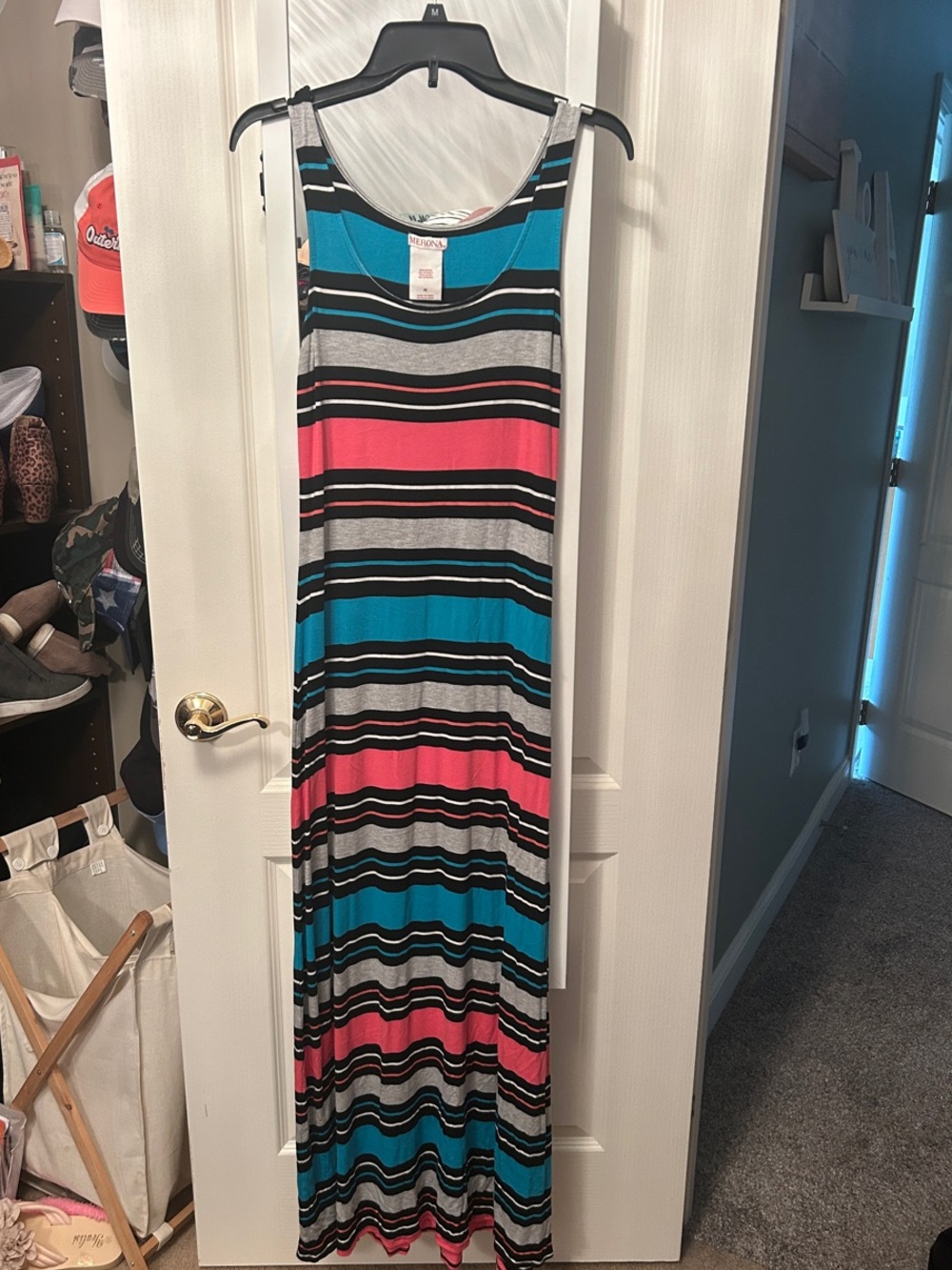 Medina striped Tank Maxi Dress in Teal, Pink & Gray